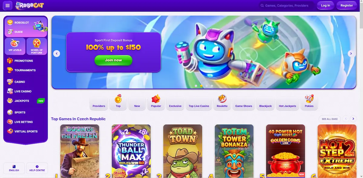 Robocat Casino homepage lobby for Australian players