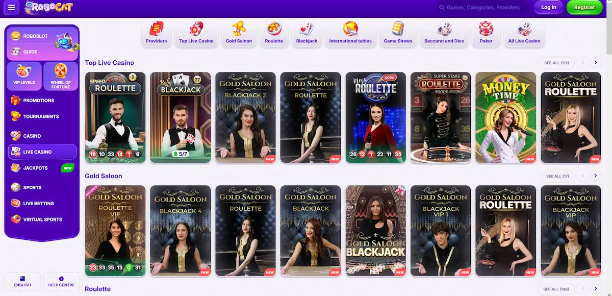 Robocat live casino dealer tables
