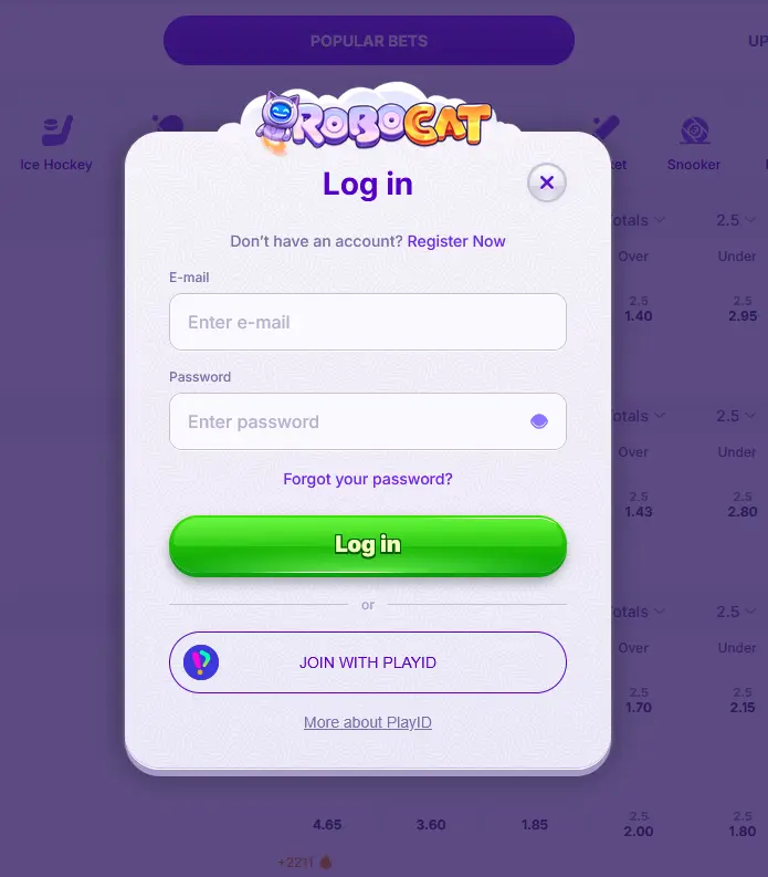 Robocat casino login screen screenshot