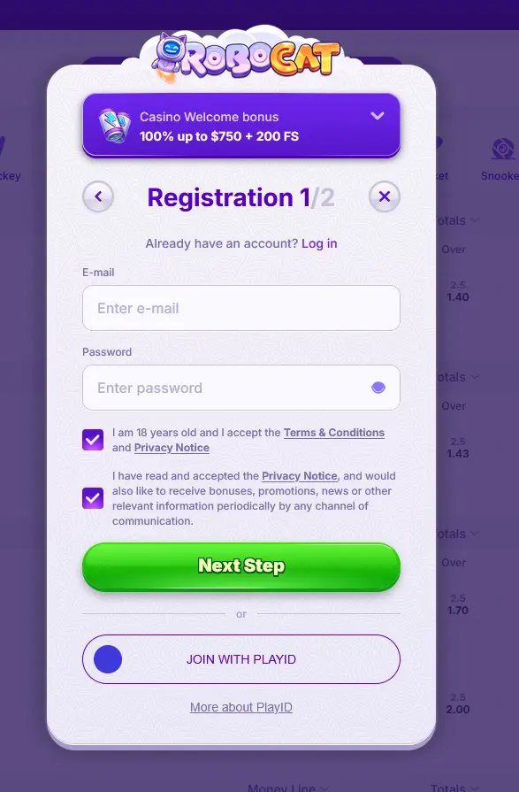 Robocat casino registration form screenshot